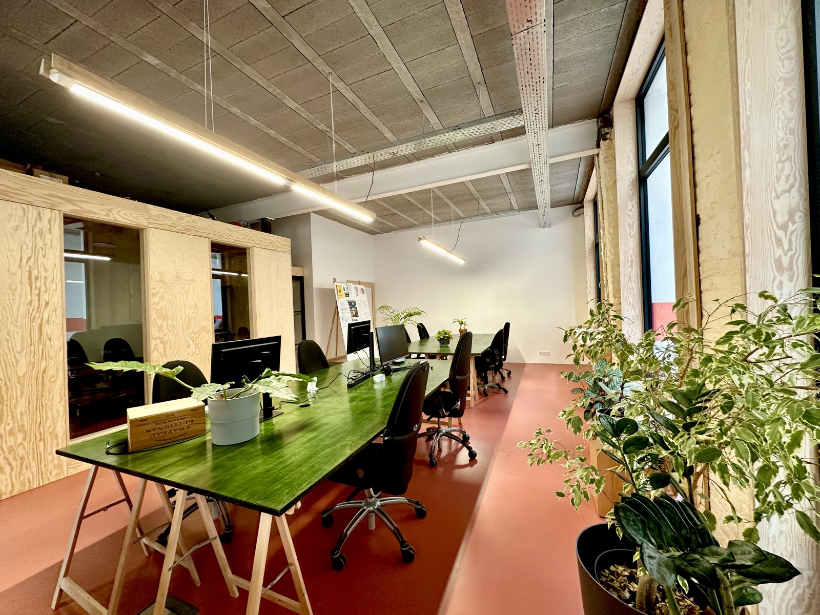 The desk room: green desks on trestles, office chairs and plants along a wall of windows.